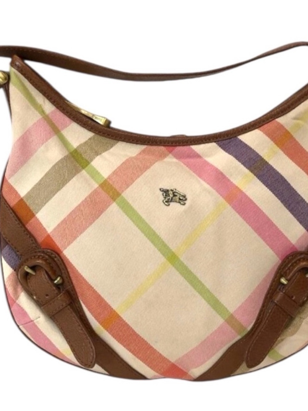 Burberry Pastel Plaid Canvas Shoulder Bag with Brown Leather Trim